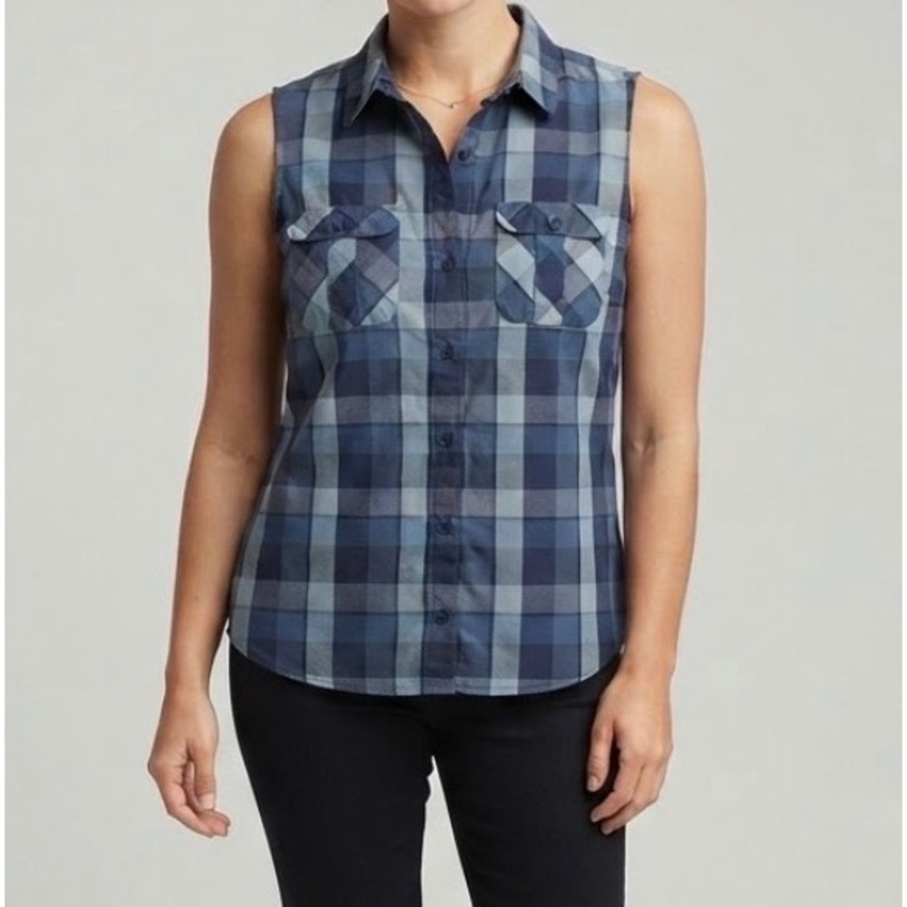 Eddie Bauer Womens Blue Plaid Sleeveless Button Down Hiking Shirt Small